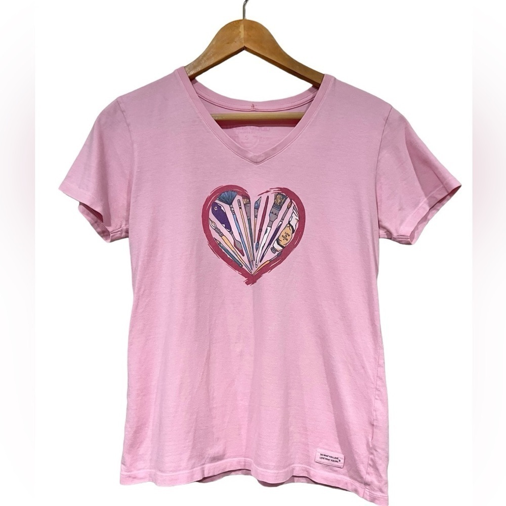 Life Is Good Womens V Neck TShirt Artsy Paint Theme Size Small Pink Outdoors